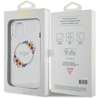 iPhone 15 / 14 / 13 Guess IML Flowers Wreatch MagSafe dėklas - permatomas 7