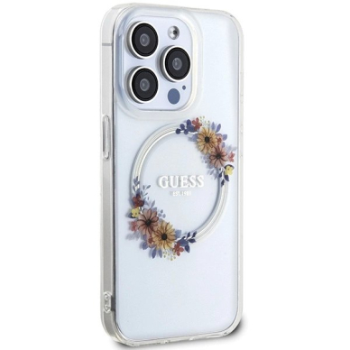 Guess IML Flowers Wreatch MagSafe Dėklas skirtas iPhone 15 Pro - Permatomas 3