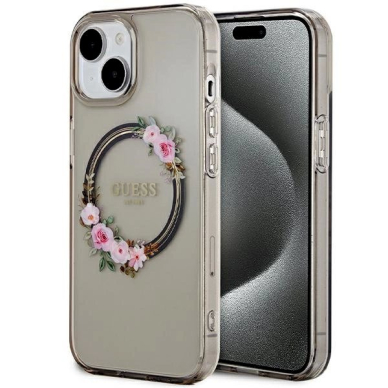 iPhone 15 / 14 / 13 Dėklas Guess IML Flowers Wreath MagSafe – juodas iPhone 15 / 14 / 13 Dėklas Guess IML Flowers Wreath MagSafe – juodas