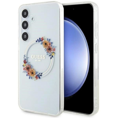 Guess IML Flowers Wreath MagSafe Dėklas skirtas Samsung Galaxy S24+ - Permatomas