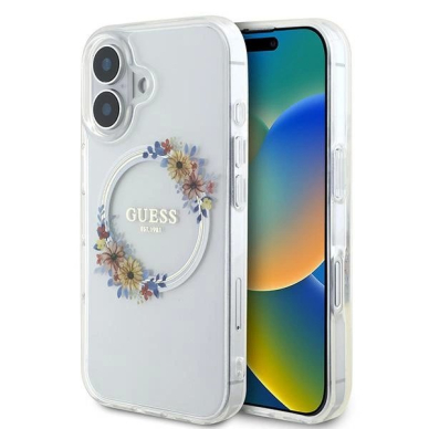 iPhone 16 – Guess IML Flowers Wreath MagSafe dėklas - Skaidrus iPhone 16 – Guess IML Flowers Wreath MagSafe dėklas - Skaidrus