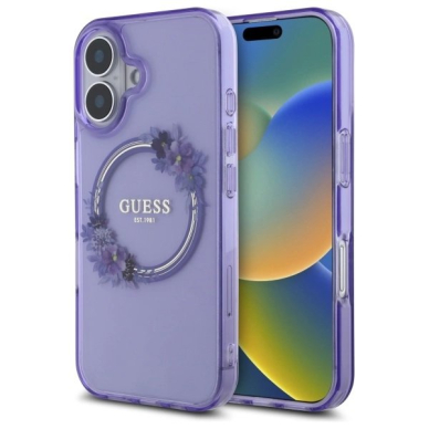 Dėklas Guess IML Flowers Wreath MagSafe iPhone 16 - Violetinis Dėklas Guess IML Flowers Wreath MagSafe iPhone 16 - Violetinis