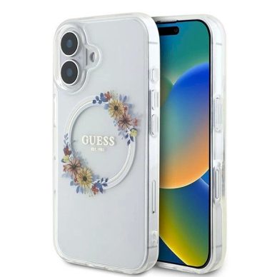 Dėklas Guess IML Flowers Wreath MagSafe iPhone 16 Plus - Clear Dėklas Guess IML Flowers Wreath MagSafe iPhone 16 Plus - Clear