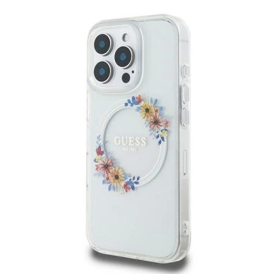 iPhone 16 Pro – Guess IML Flowers Wreath MagSafe dėklas - Skaidrus 1