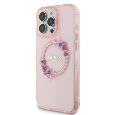 iPhone 16 Pro – Guess IML Flowers Wreath MagSafe dėklas - Rožinis 1