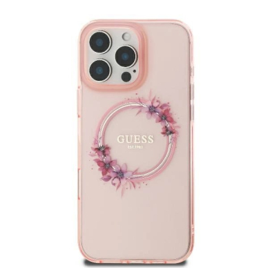 iPhone 16 Pro – Guess IML Flowers Wreath MagSafe dėklas - Rožinis 2