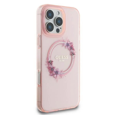 iPhone 16 Pro – Guess IML Flowers Wreath MagSafe dėklas - Rožinis 3