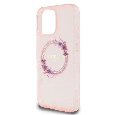iPhone 16 Pro – Guess IML Flowers Wreath MagSafe dėklas - Rožinis 5