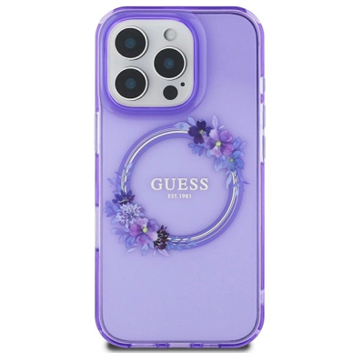 iPhone 16 Pro – Guess IML Flowers Wreath MagSafe dėklas - Violetinis 2
