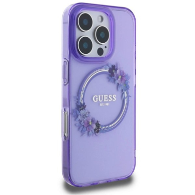 iPhone 16 Pro – Guess IML Flowers Wreath MagSafe dėklas - Violetinis 3