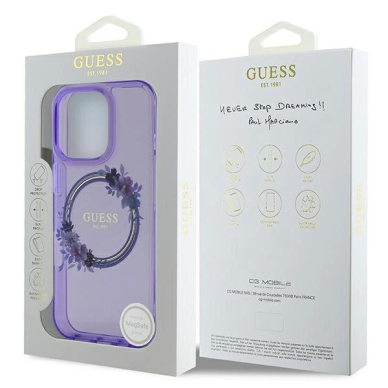 iPhone 16 Pro – Guess IML Flowers Wreath MagSafe dėklas - Violetinis 7