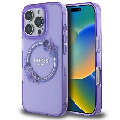 iPhone 16 Pro – Guess IML Flowers Wreath MagSafe dėklas - Violetinis
