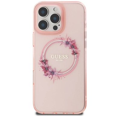 iPhone 16 Pro Max Dėklas Guess IML Flowers Wreath MagSafe – rožinis 2