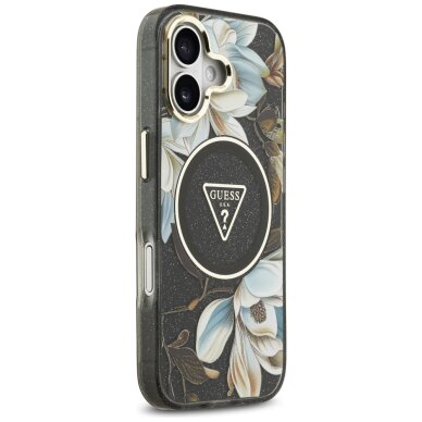 iPhone 17 Guess IML Glitter Flowers Triangle MagSafe dėklas – juodas 3
