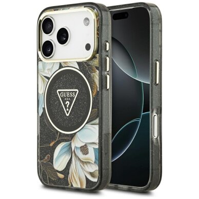 iPhone 17 Pro Guess IML Glitter Flowers Triangle MagSafe dėklas – juodas