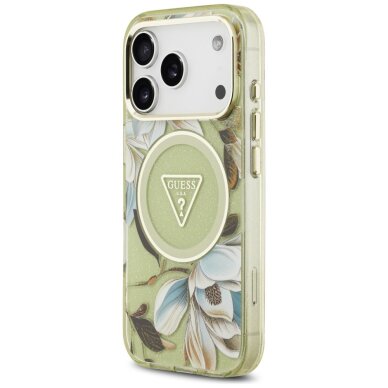 iPhone 17 Pro Max Guess IML Glitter Flowers Triangle MagSafe dėklas – žalias 1