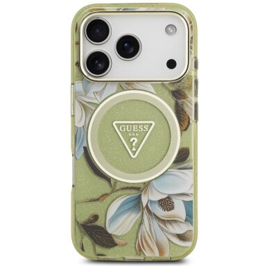 iPhone 17 Pro Max Guess IML Glitter Flowers Triangle MagSafe dėklas – žalias 2