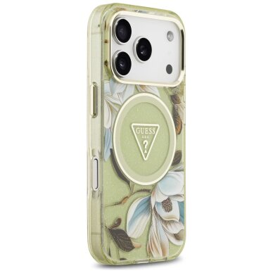 iPhone 17 Pro Max Guess IML Glitter Flowers Triangle MagSafe dėklas – žalias 3 iPhone 17 Pro Max Guess IML Glitter Flowers Triangle MagSafe dėklas – žalias 3