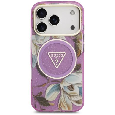 iPhone 17 Pro Max Guess IML Glitter Flowers Triangle MagSafe dėklas – violetinis 2