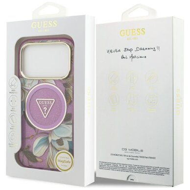iPhone 17 Pro Max Guess IML Glitter Flowers Triangle MagSafe dėklas – violetinis 7