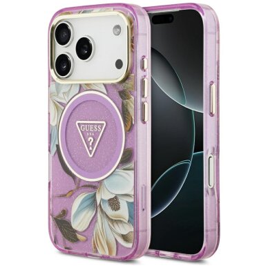 iPhone 17 Pro Max Guess IML Glitter Flowers Triangle MagSafe dėklas – violetinis iPhone 17 Pro Max Guess IML Glitter Flowers Triangle MagSafe dėklas – violetinis