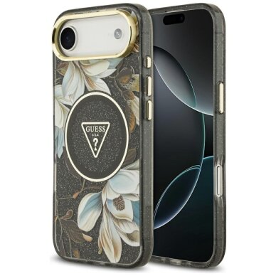 iPhone Air Guess IML Glitter Flowers Triangle MagSafe dėklas – juodas iPhone Air Guess IML Glitter Flowers Triangle MagSafe dėklas – juodas