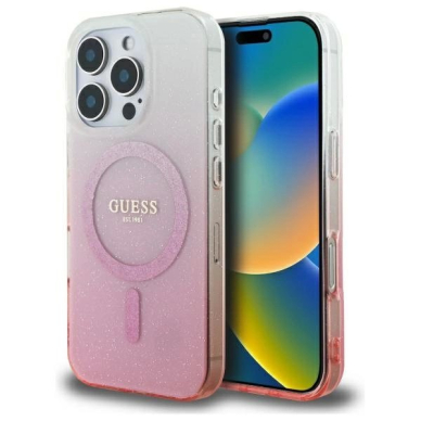 iPhone 16 Pro Max – Guess IML Glitter Gradient MagSafe dėklas - Rožinis