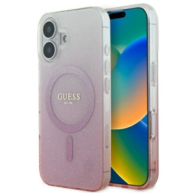 iPhone 16 Plus – Guess IML Glitter Gradient MagSafe dėklas - Rožinis iPhone 16 Plus – Guess IML Glitter Gradient MagSafe dėklas - Rožinis