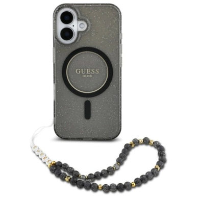 iPhone 16 – Guess IML Glitter With Pearl Strap MagSafe dėklas - Juodas 1