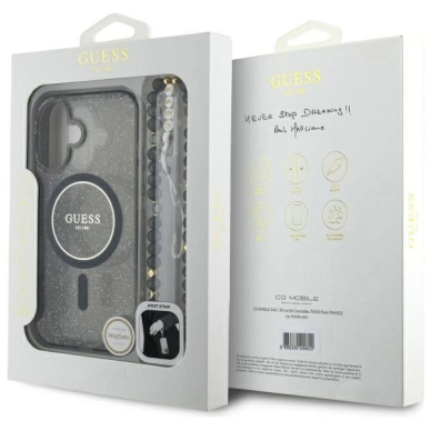iPhone 16 – Guess IML Glitter With Pearl Strap MagSafe dėklas - Juodas 6