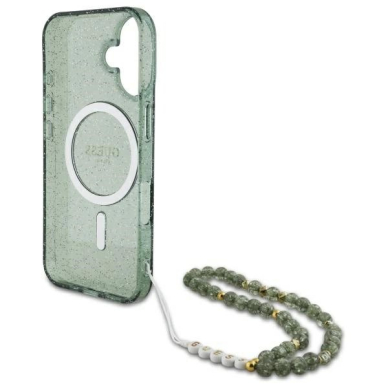 iPhone 16 Plus – Guess IML Glitter With Pearl Strap MagSafe dėklas - Žalias 5