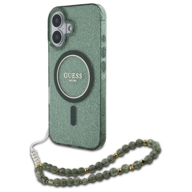 iPhone 16 Plus – Guess IML Glitter With Pearl Strap MagSafe dėklas - Žalias