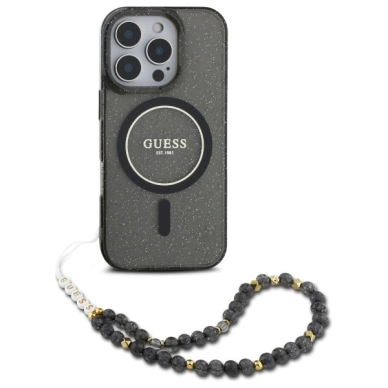 iPhone 16 Pro – Guess IML Glitter With Pearl Strap MagSafe dėklas - Juodas 1