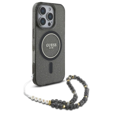 iPhone 16 Pro – Guess IML Glitter With Pearl Strap MagSafe dėklas - Juodas 2