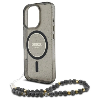 iPhone 16 Pro – Guess IML Glitter With Pearl Strap MagSafe dėklas - Juodas 4