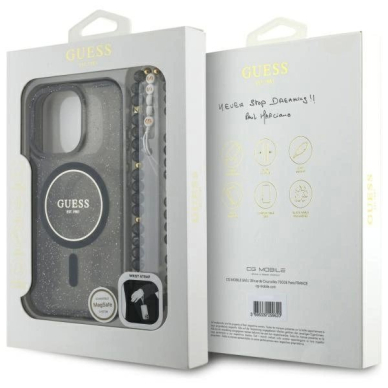 iPhone 16 Pro – Guess IML Glitter With Pearl Strap MagSafe dėklas - Juodas 6
