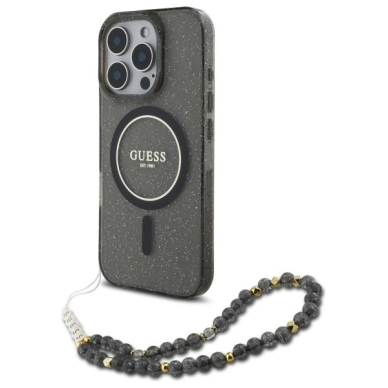iPhone 16 Pro – Guess IML Glitter With Pearl Strap MagSafe dėklas - Juodas