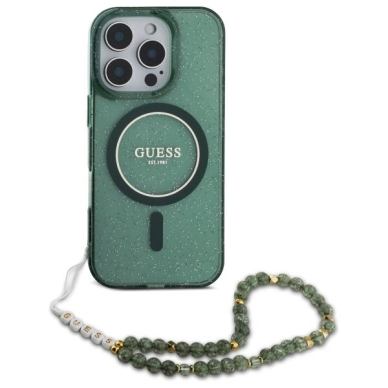 iPhone 16 Pro Max – Guess IML Glitter With Pearl Strap MagSafe dėklas - Žalias 1