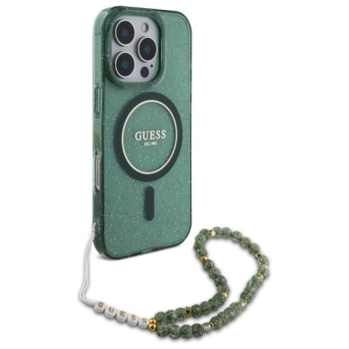 iPhone 16 Pro Max – Guess IML Glitter With Pearl Strap MagSafe dėklas - Žalias 2