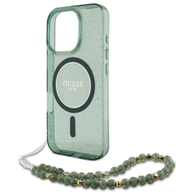 iPhone 16 Pro Max – Guess IML Glitter With Pearl Strap MagSafe dėklas - Žalias 4