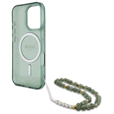 iPhone 16 Pro Max – Guess IML Glitter With Pearl Strap MagSafe dėklas - Žalias 5