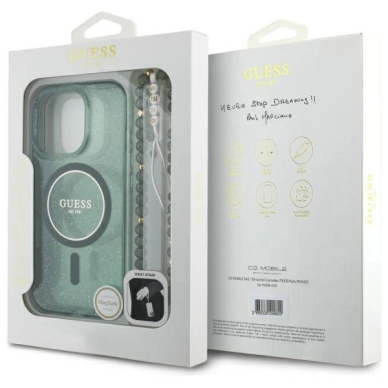 iPhone 16 Pro Max – Guess IML Glitter With Pearl Strap MagSafe dėklas - Žalias 6
