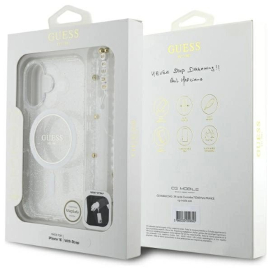 iPhone 16 Plus – Guess IML Glitter With Pearl Strap MagSafe dėklas - Skaidrus 7