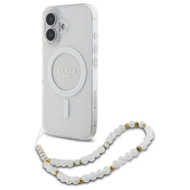 iPhone 16 Plus – Guess IML Glitter With Pearl Strap MagSafe dėklas - Skaidrus