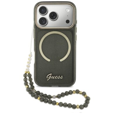 iPhone 17 Pro Guess IML Glitters Script Strap MagSafe dėklas – juodas