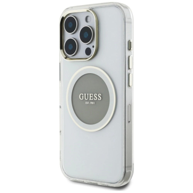 iPhone 16 Pro Guess IML Metal Colored Circle Classic Logo MagSafe dėklas - pilkas 1