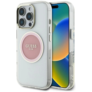 iPhone 16 Pro Max Guess IML Metal Colored Circle Classic Logo MagSafe dėklas - rožinis