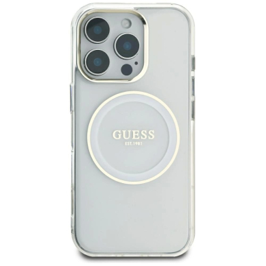 iPhone 16 Pro Max Guess IML Metal Colored Circle Classic Logo MagSafe dėklas - baltas 2