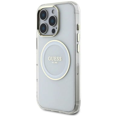 iPhone 16 Pro Guess IML Metal Colored Circle Classic Logo MagSafe dėklas - baltas 1