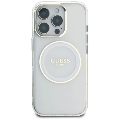 iPhone 16 Pro Guess IML Metal Colored Circle Classic Logo MagSafe dėklas - baltas 2